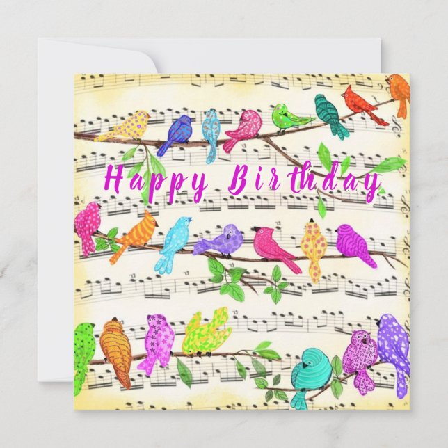 Birthday Card Colorful Musical Birds Spring Joy (Front)