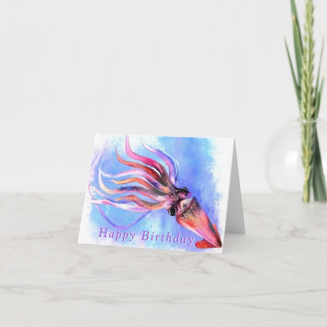 Birthday Card Colorful Squid Swimming (Front)
