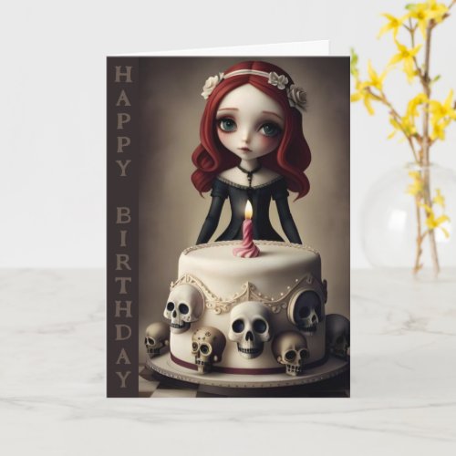 birthday card cute goth rock emo girl cake skull