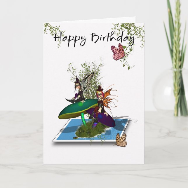 Birthday Card - Cute Gothic Fairies Springing From (Front)
