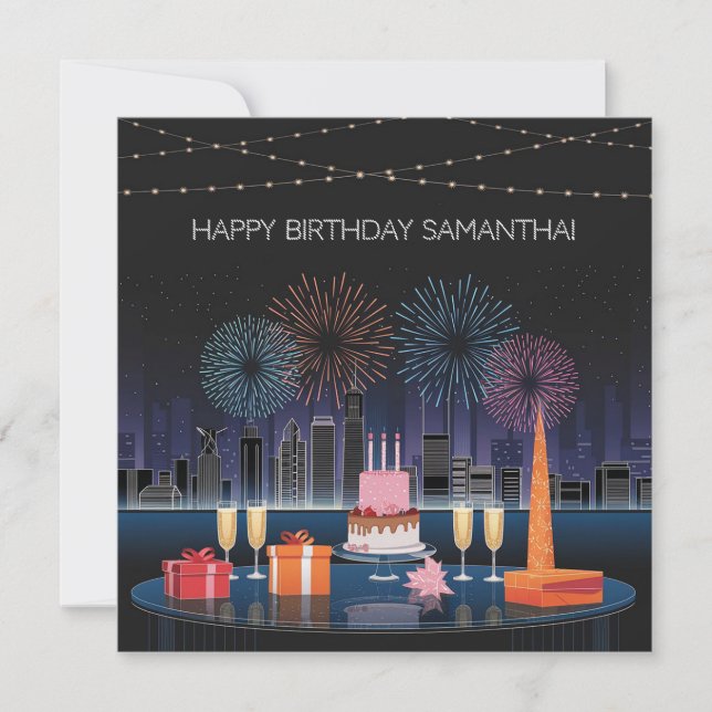 Birthday Card Design with Fireworks and Cityscape (Front)