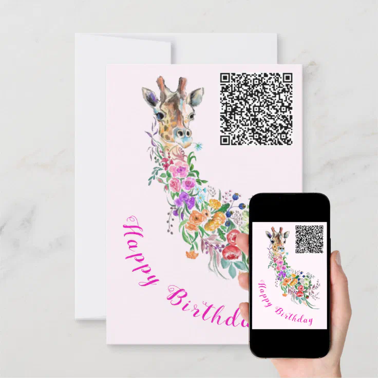 Birthday Card Flowers Bouquet Giraffe QR Code Wish Zazzle