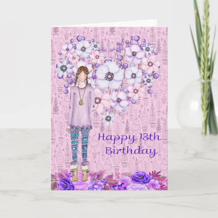 Cute 13 year old birthday card 13th birthday card for girls Kawaii age 13 birthday card Cute pastel thirteen birthday greeting card
