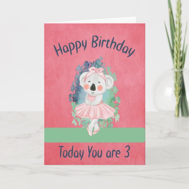 Birthday Card for 3 Year Old Girl & Dancing Bear (Front)