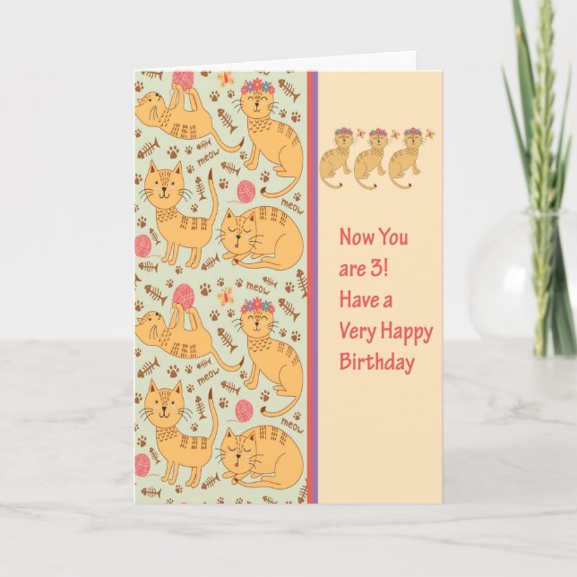 Birthday Card for 3 Year Old with Cute Cats (Front)