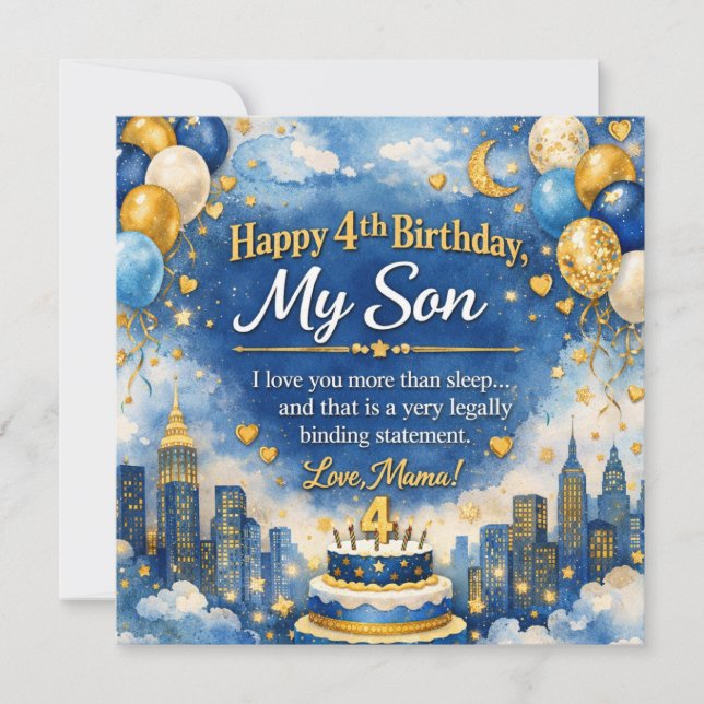 Birthday Card for 4 Year Old Son, Cake, Balloons,  (Front)