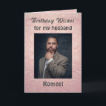 Birthday Card for a Husband Classy Modern<br><div class="desc">An elegant greeting for your husband's birthday, this greeting card features a purple background with a black illustration of a rose. The front has "Happy birthday to my husband" written in elegant print with his name underneath in beautiful cursive script. The text is in dark gray. There is a beautiful...</div>