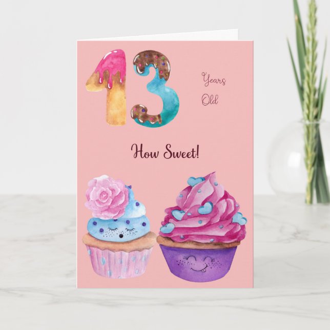 Birthday Card for Female 13 Year old, Cupcakes (Front)