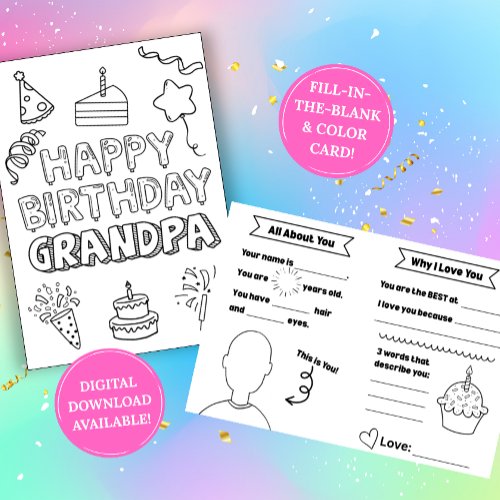 Birthday Card for Grandpa: Kids Coloring Activity