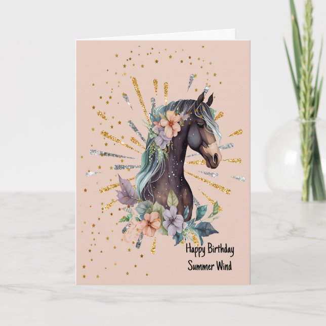 Birthday Card for Illustrated Dark Brown Horse (Front)
