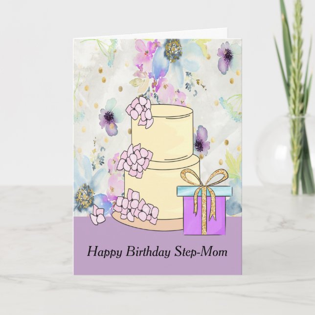 Birthday Card for Step-Mom with Cake & Present (Front)