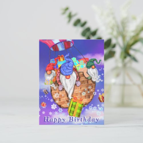 Birthday Card Gnomes Flying with Balloon