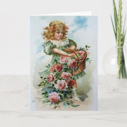 Birthday Card Greetings Roses Victorian Girl