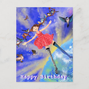 Birthday Card - Happy Girl with Birds
