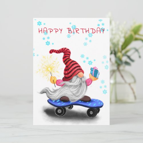 Birthday Card Happy Skater Gnome with Gifts