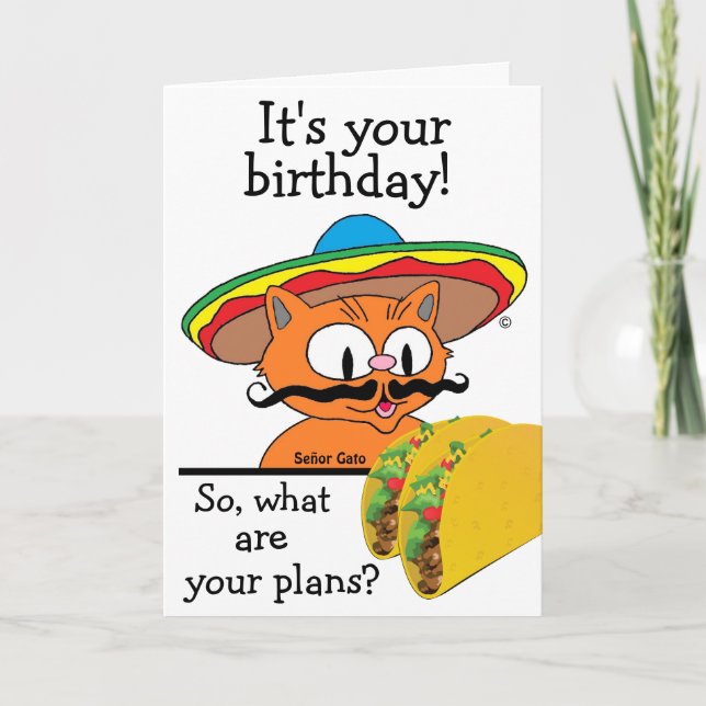 Birthday Card Humorous Cartoon Cat Tacos Pun (Front)
