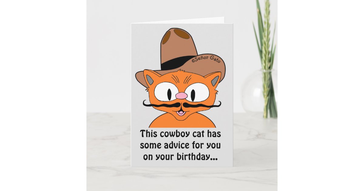 Birthday Card Humorous Cartoon Cowboy Mustache Cat | Zazzle