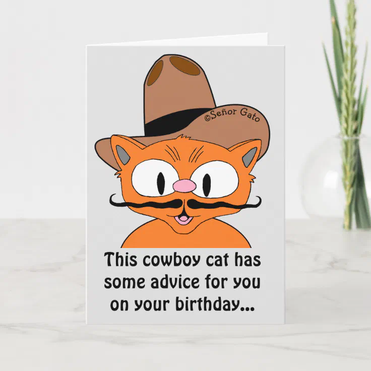 Birthday Card Humorous Cartoon Cowboy Mustache Cat | Zazzle