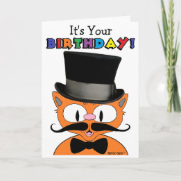 Birthday Card Humorous Cartoon Mustache Cat