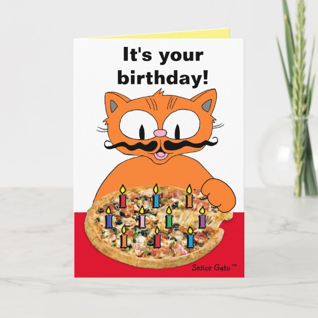Birthday Card Humorous Mustache Cat Pizza Party (Front)