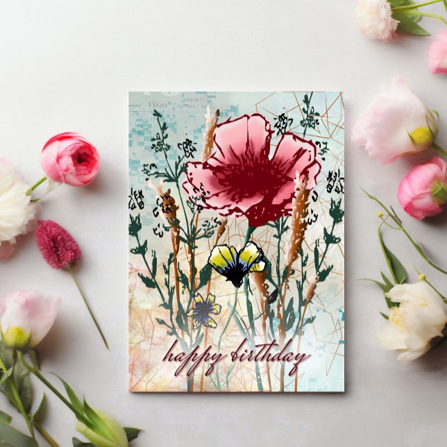 Birthday Card: Mixed Media Wildflower  Card (Happy Birthday! Elegant floral design with a touch of mixed media.)