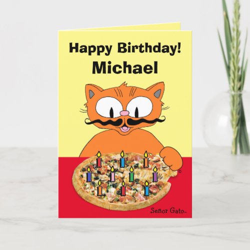 Birthday Card Personalized Pizza Party Cat