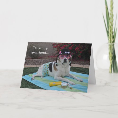 Birthday card photo of a female dog with creams card