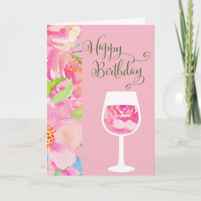 Birthday Card Pink Tropical with Wine Glass (Front)