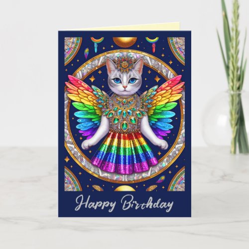 Birthday Card  Rainbow Pride Angel Cat Sparkles