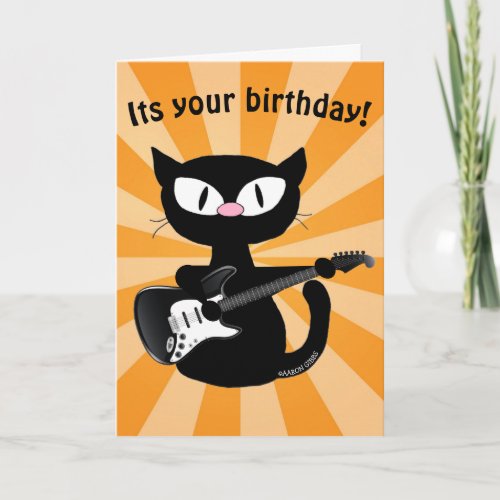 Birthday Card _ Rocker Black Cartoon Cat w Guitar