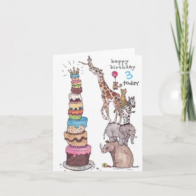 Birthday Card - Safari Animals Tall Cake (Front)