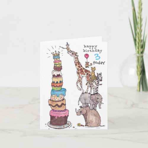 Birthday Card _ Safari Animals Tall Cake
