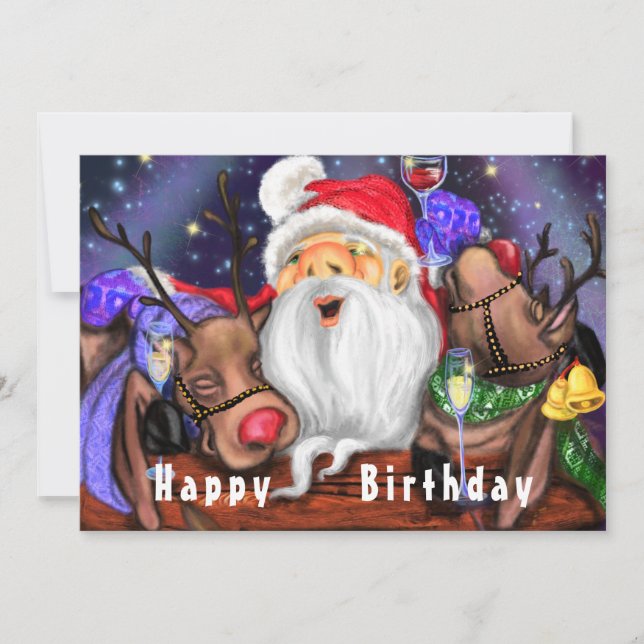 Birthday Card Santa with Reindeers Fun (Front)