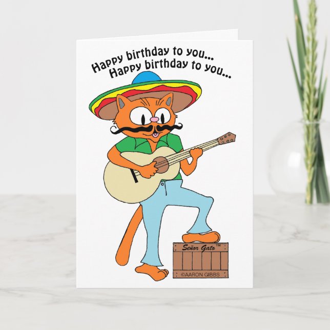 Birthday Card Singing Cartoon Fiesta Cat (Front)