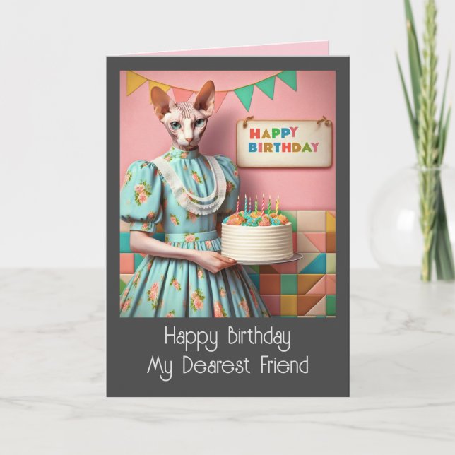 Birthday Card | Sphynx Cat Lady with Birthday Cake (Front)