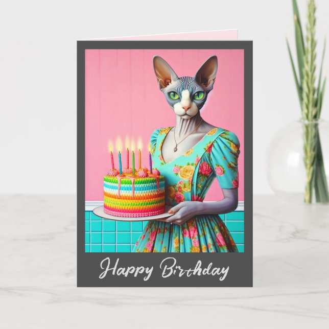 Birthday Card | Sphynx Cat Lady with Birthday Cake (Front)