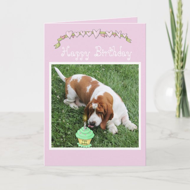 Birthday Card w/Basset Hound, Cupcakes, & Hearts (Front)