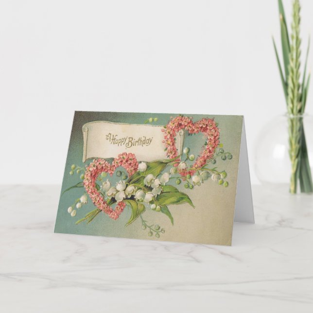 Birthday Card w/ Pink Hearts & Lily of the Valley (Front)