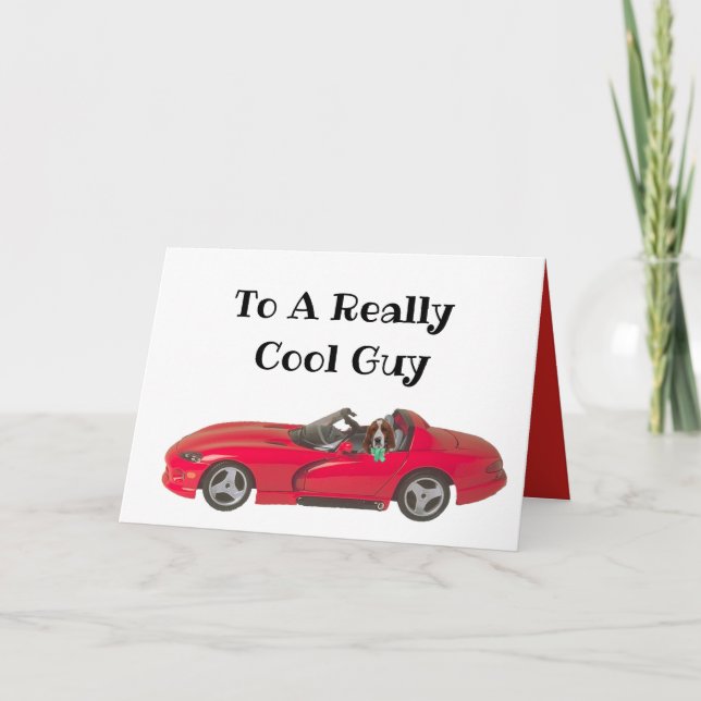 Birthday Card w/Red Sports Car & Basset Hound (Front)