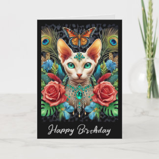 Birthday Card | White Sphynx Cat Butterfly Roses