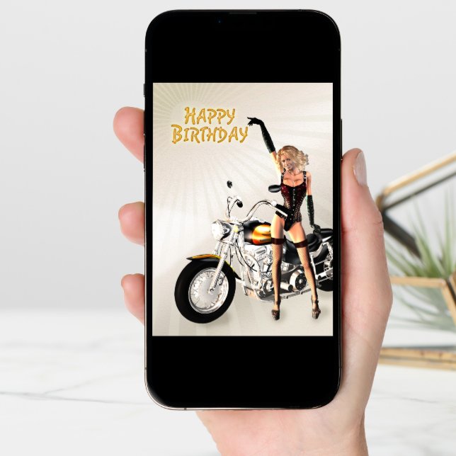 Birthday card with a motorbike girl (Front Digital)