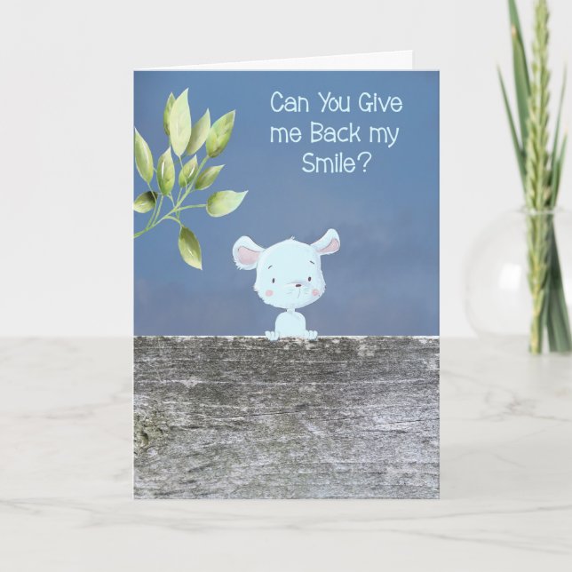 Birthday Card with Blue Dog who Lost Smile Kids (Front)