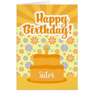 Birthday Card With Cake And Flowers For Sister