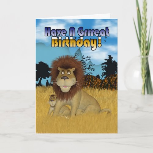 Birthday Card With Cartoon Lion And Cub