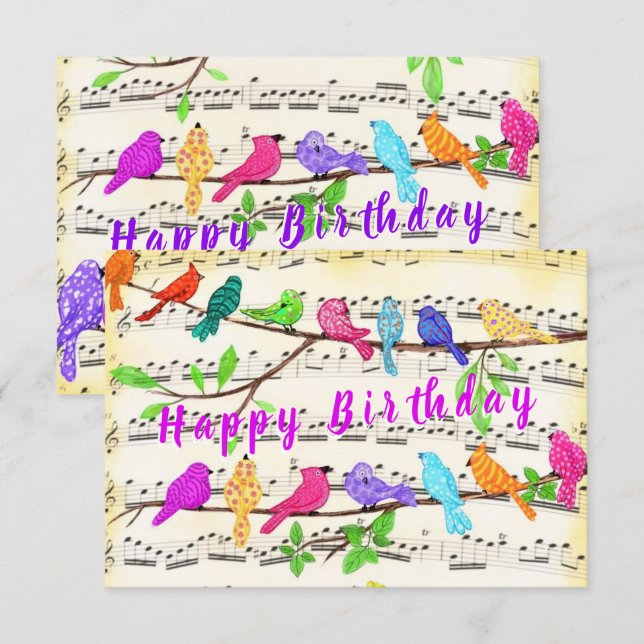 Birthday Card with Colorful Musical Birds Song (Front/Back)