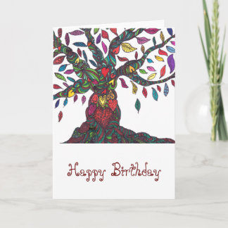 Birthday card with colorful tree and hearts