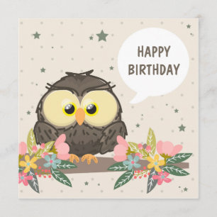 Birthday Card With Cute Owl And Floral Decoration