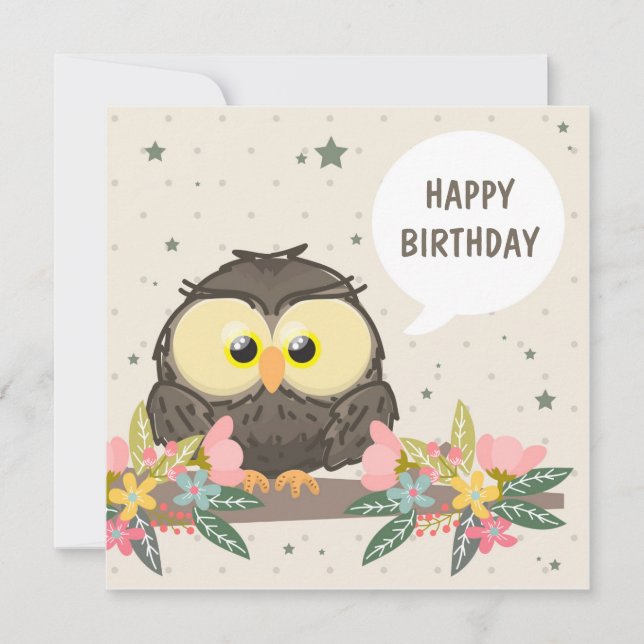 Birthday Card With Cute Owl And Floral Decoration (Front)