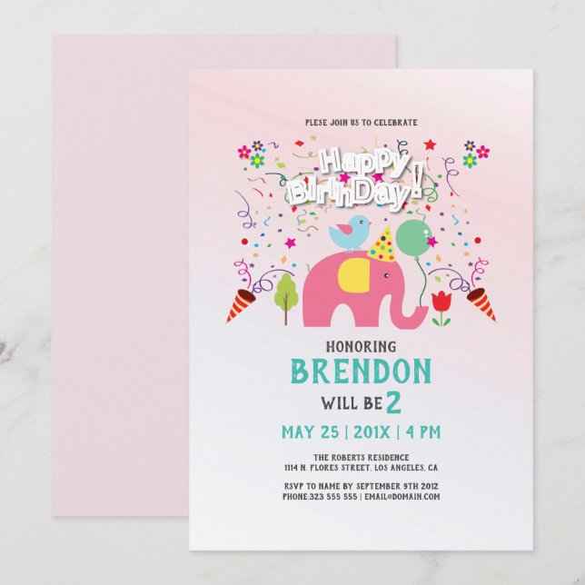 Birthday card with elephant and bird (Front/Back)