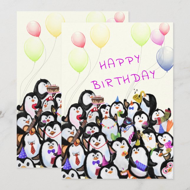 Birthday Card with Happy Penguins Party (Front/Back)